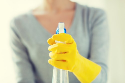 Technician treating a sofa stain with specialist cleaning equipment