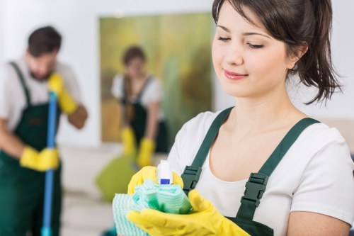 Operator checking carpet cleaning conditions and hazards